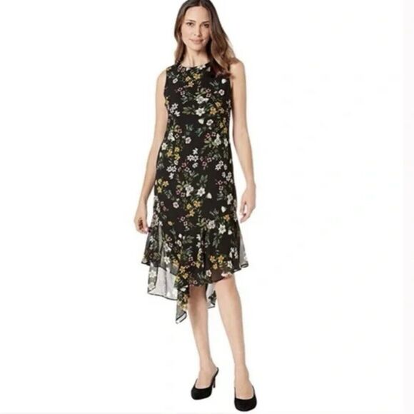 Calvin Klein Asymmetrical Handkerchief Midi Dress Floral Size 10 - Picture 1 of 9